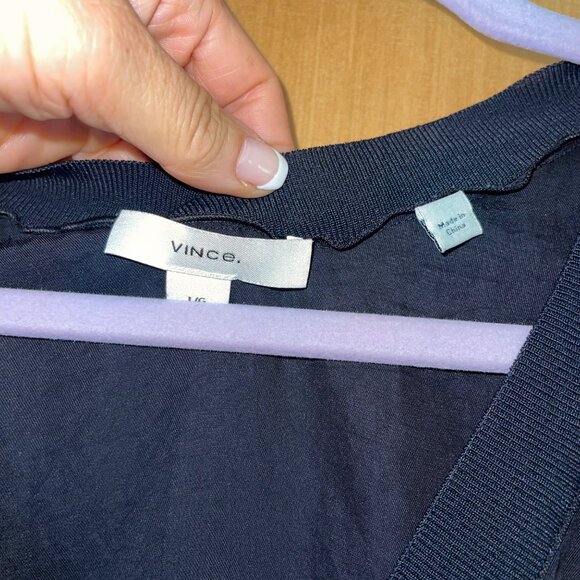 Vince Womens Tee Shirt Size Large Black Rib Trim Double V Neck Short Sleeve - Picture 3 of 10